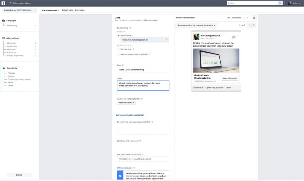 Facebook advertentie opmaak